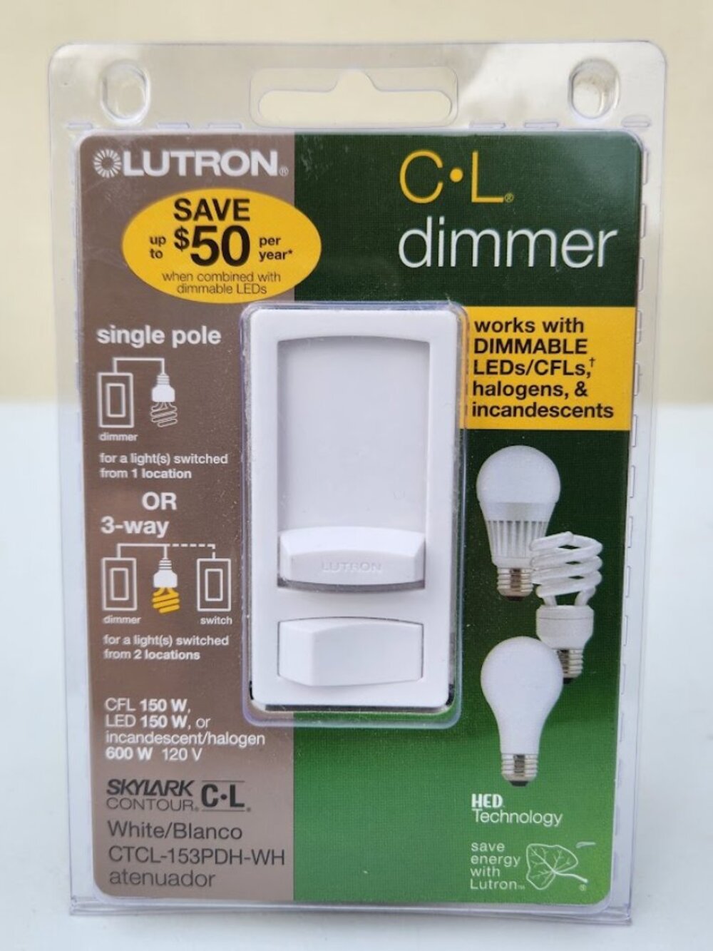 NEW Lutron Skylark Contour CL Wall Bulb Dimmer CTCL-153PDH-LA 120V 60Hz 150W Lig